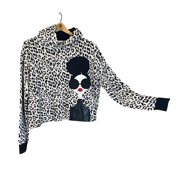 Alice + Olivia Oscar Leopard Print Hoodie Face Graphic Sweater Wool Blend Large - Picture 1 of 9